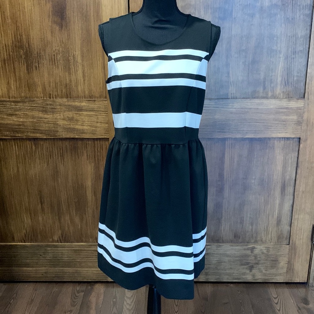 Ann Taylor fit and flare striped black and white dress super flattering